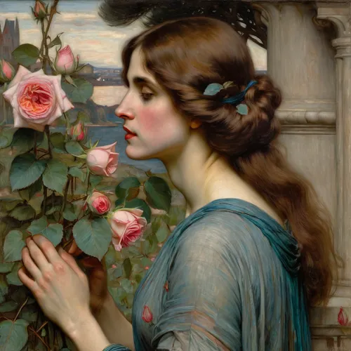 girl picking flowers,girl in flowers,scent of roses,way of the roses,holding flowers,rosebushes,bibernell rose,noble roses,with roses,rosebush,wild roses,emile vernon,girl in the garden,hedge rose,harp with flowers,wreath of flowers,lady banks' rose,lady banks' rose ,rosa,flora,Illustration,Realistic Fantasy,Realistic Fantasy 40