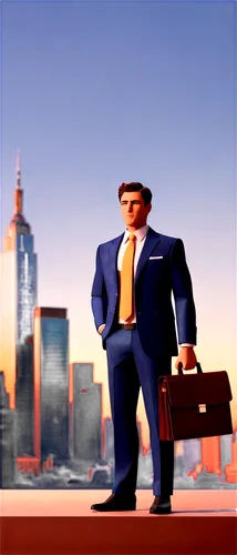 Businessman, mature male, suit, tie, briefcase, standing, confident pose, motivational background, cityscape, skyscraper, morning light, cinematic composition, shallow depth of field, warm color tone.