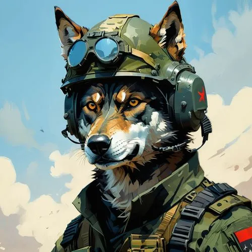 a portret of a wolf with tactical military headgear in a uniform serving in the special forces. Cartoon style,mwd,dogfighter,foxhound,westland terrier,huey,wolstein,kanefsky,jumpmaster,pilot,malinovsk