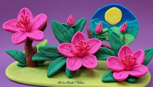 Write a romantic poem about pink azaleas blooming in a moonlit garden.,easter cake,wooden flower pot,water lily plate,fairy house,easter pastries,flower basket,cupcake tray,easter decoration,terracott