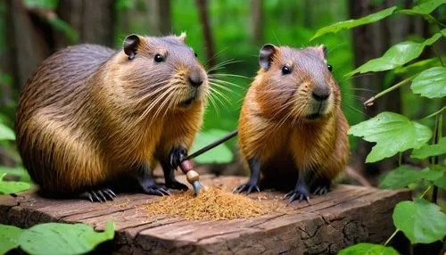 Capybara works, South American rodent, cute face, whiskers, brown fur, long hair, sitting on a tree stump, holding a miniature hammer, wearing a tiny apron, surrounded by woodworking tools, wooden pla