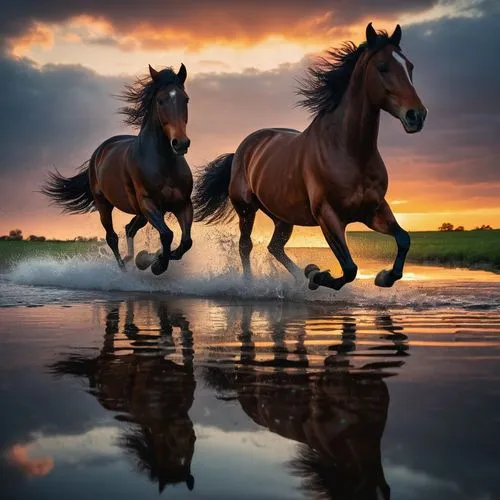 2 horses running in water with their reflection in it at sun set time,two horses running through the water at sunset,beautiful horses,bay horses,wild horses,arabian horses,horses,equines,Photography,G