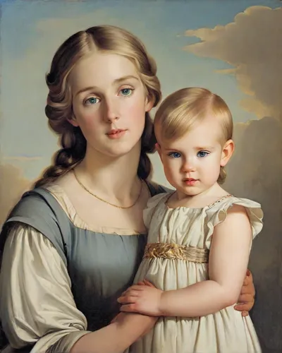 Brunette young woman mother with her two-year-old blond daughter. on a sunny day. Image in the style of Diego Rodriguez de Silva y Velazquez.,bouguereau,little girl and mother,child portrait,mother wi