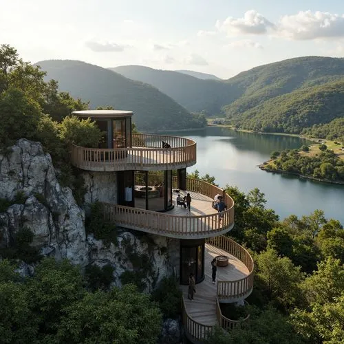 Panoramic watching tower, harmonious landscape integration, rolling hills, lush greenery, serene lakeside, wooden decks, natural stone walls, rustic metal railings, telescopes, binoculars, scenic look