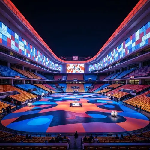 Vibrant sports stadium, dynamic curves, bold color blocking, abstract patterns, undulating lines, futuristic architecture, sleek metal fa\u00e7ades, LED lighting installations, oversized athletic grap