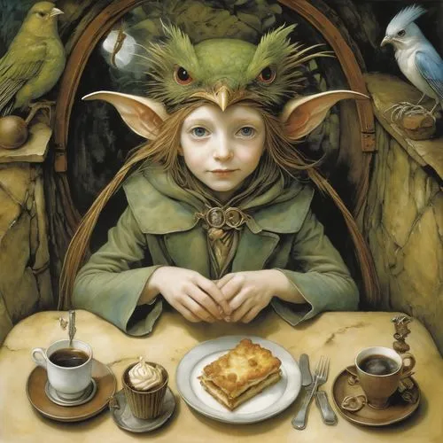 diterlizzi,girl with bread-and-butter,elfie,tea party,fae,gnomes at table,Illustration,Realistic Fantasy,Realistic Fantasy 14