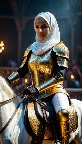 Muslim female knight. white hijab. The outer hijab dangles with the movement, riding a sturdy horse that is prancing., wearing gold titanium metal pants, titanium metal vest and titanium gild metal bo