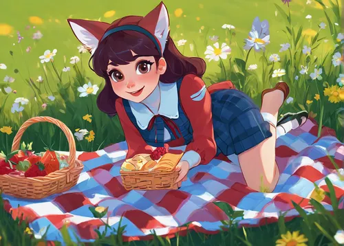 picnic basket,little red riding hood,tea party cat,picnic,spring pancake,red riding hood,picking flowers,springtime background,flower basket,garden-fox tail,girl picking flowers,field of flowers,girl picking apples,child fox,spring background,flower cart,little fox,strawberries,girl in the garden,springtime,Conceptual Art,Fantasy,Fantasy 14