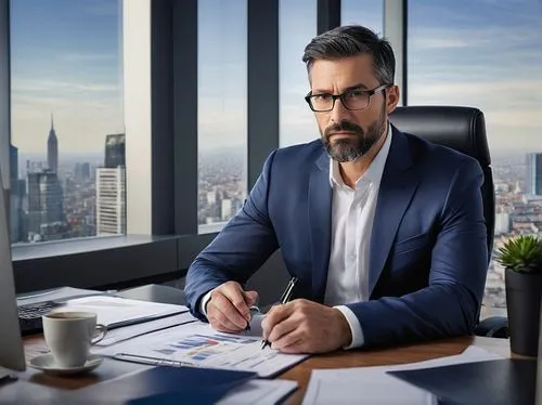 Modern office interior, database architect, mature man, (35-45yo), serious facial expression, glasses, short black hair, beard, formal wear, white shirt, black tie, dark blue suit, sitting, desk, mult