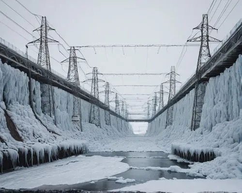 high-voltage power lines,mirny,russian winter,ice wall,norilsk,ice curtain,deepfreeze,electrical grid,ice landscape,electricity pylons,haarp,murmansk,cryosphere,icicles,high voltage line,icefall,syberia,supercold,icefalls,crevasse,Photography,Documentary Photography,Documentary Photography 08