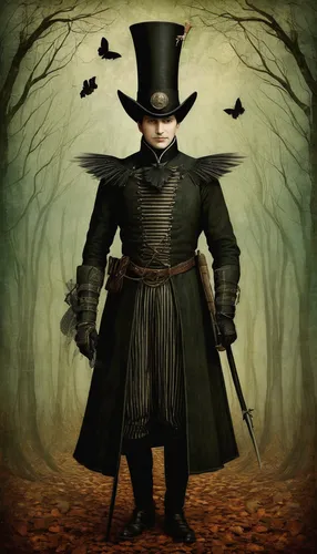 chimney sweeper,black crow,gothic fashion,gamekeeper,black hat,king of the ravens,gothic portrait,gothic style,hatter,fairy tale character,gothic,swordsman,chimney sweep,stovepipe hat,black raven,gothic woman,murder of crows,scare crow,pilgrim,dark angel,Illustration,Realistic Fantasy,Realistic Fantasy 35