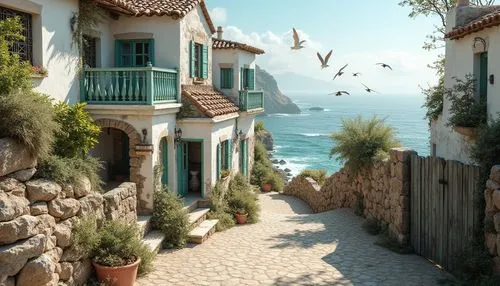 Eclectic coastal villa, Mediterranean-style architecture, rugged stone walls, white plaster exterior, distressed wooden shutters, ornate ironwork balconies, turquoise glazed tiles, wavy rooflines, lus