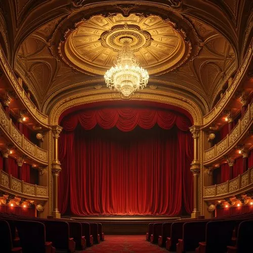 Theater interior, luxurious decoration, golden ornate plaster material, detailed texture, intricate patterns, grand chandelier, red velvet curtains, majestic stage, ornate columns, elegant balconies, 