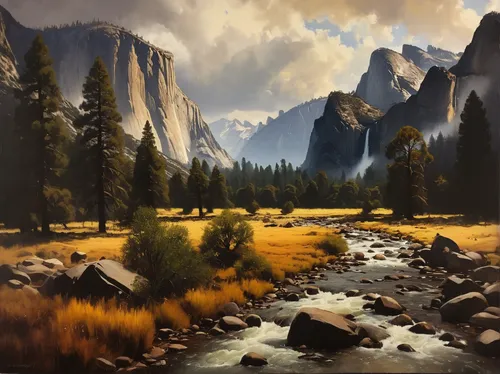 salt meadow landscape,yosemite park,yosemite,yosemite valley,landscape background,yosemite national park,meadow landscape,half dome,mountain landscape,fall landscape,mountain meadow,nature landscape,river landscape,half-dome,mountain scene,autumn landscape,natural landscape,autumn mountains,fantasy landscape,fallen giants valley,Conceptual Art,Oil color,Oil Color 11