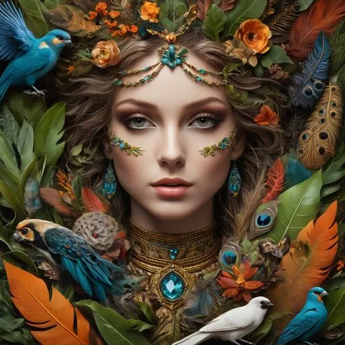 faery,faerie,viveros,fairy peacock,fantasy art,fairie,flower and bird illustration,dryad,fantasy portrait,peacock,diwata,bohemian art,flora,persephone,adornment,girl in a wreath,ornamental bird,natura,wreath of flowers,seelie,Photography,General,Fantasy