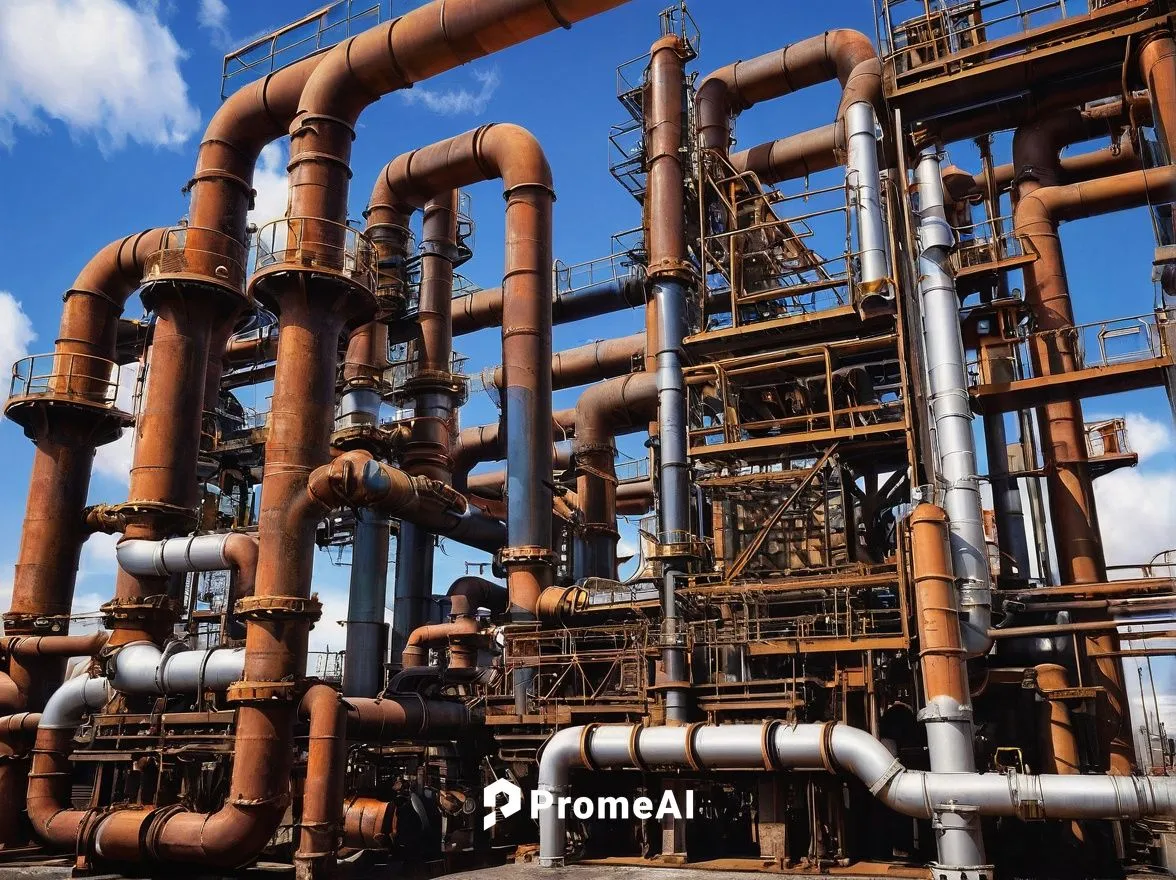 Industrial architecture, modern pipeline, steel structure, metallic texture, urban setting, cityscape, blue sky with white clouds, dramatic sunlight, strong shadows, 3/4 composition, low-angle shot, c