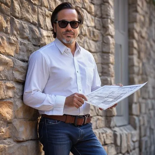 Middle-aged male, architect, Lubbock style, casual wear, black-rimmed glasses, short brown hair, stubble, white shirt, dark blue jeans, black leather belt, brown boots, holding blueprints, standing, l