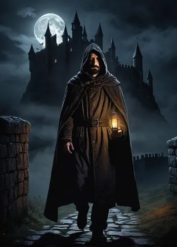 hooded man,heroic fantasy,grimm reaper,grim reaper,halloween poster,castle of the corvin,night watch,massively multiplayer online role-playing game,the wanderer,fantasy picture,cloak,the wizard,game illustration,friar,night administrator,haunted castle,ghost castle,sci fiction illustration,the abbot of olib,lamplighter,Illustration,Children,Children 05