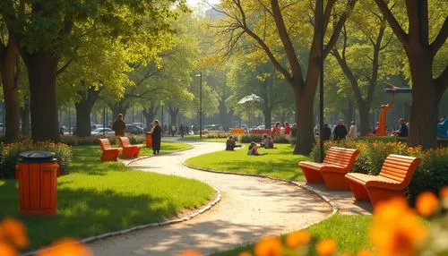 Vibrant park, sunny day, bright tangerine orange benches, matching trash cans, warm atmosphere, lush green grass, blooming flowers in shades of yellow, pink, and coral, tall trees with thick trunks, l