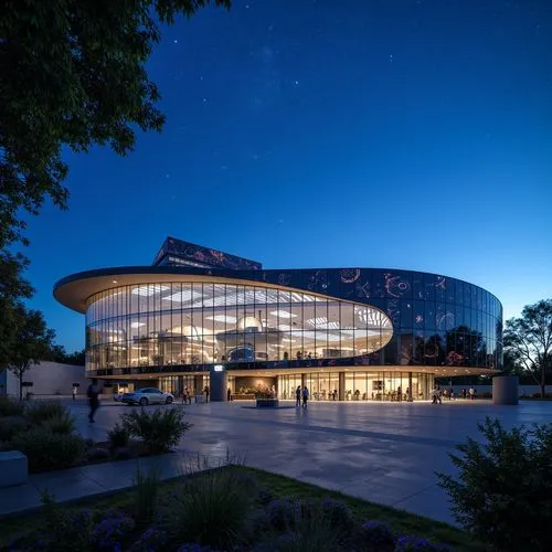 Futuristic planetarium building, curved glass facade, LED light installation, dynamic patterns, astronomical symbols, metallic accents, sleek lines, minimalist design, cantilevered roof, open-air obse