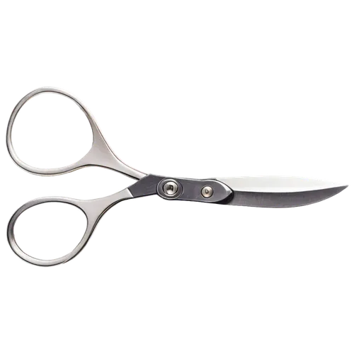 Scissors, PNG transparent background, sharp blades, silver handles, rounded tips, open position, symmetrical composition, 3/4 view, detailed texture, realistic shading, soft focus, warm color tone, is