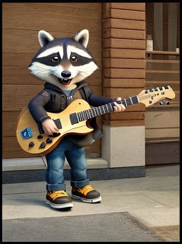 A raccoon wearing jeans and boots, playing electric guitar,banjo bolt,rocket raccoon,north american raccoon,musical rodent,raccoon,sock and buskin,squeezebox,buskin,banjo,guitar player,bass guitar,mus