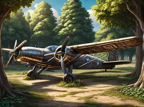 airplane on ground surrounded with trees,ju 52,messerschmitt bf 109,messerschmitt bf 108,monoplane,petlyakov pe-8,focke-wulf fw 190,republic p-47 thunderbolt,glider pilot,boeing 247,polikarpov po-2,ed