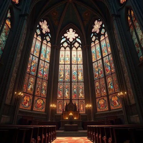 stained glass windows,sanctuary,stained glass,transept,stained glass window,cathedral,chapel,sacristy,ecclesiatical,sanctum,gothic church,altar,presbytery,ornate room,ecclesiastical,church windows,haunted cathedral,liturgy,nave,sanctums,Photography,General,Realistic