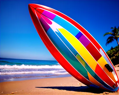 Surfboard, colorful stripes, glossy surface, rounded nose, squared-off tail, fins attached, beach scene implied, morning sunlight, soft focus, shallow depth of field, vibrant colors, dynamic compositi