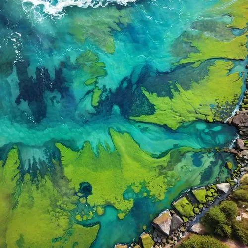 algae,acid lake,tide pool,green algae,colorful water,green water,archipelago,laguna verde,seaweed,emerald sea,sulphur,atoll from above,aerial view of beach,erosion,colorful grand prismatic spring,greens beach,coral reef,oil in water,underwater landscape,aerial landscape,Illustration,Paper based,Paper Based 06