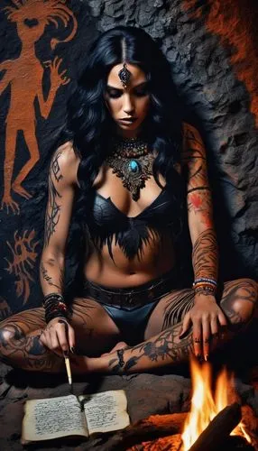 A cavewoman writing on the wall, wearing leather, tattoos, COlouful beads, feathers, flowers, a campfire nearby, cave drawings, handprints, cave paint, war paint, tribal paint,Eve,maori,shamanic,polyn