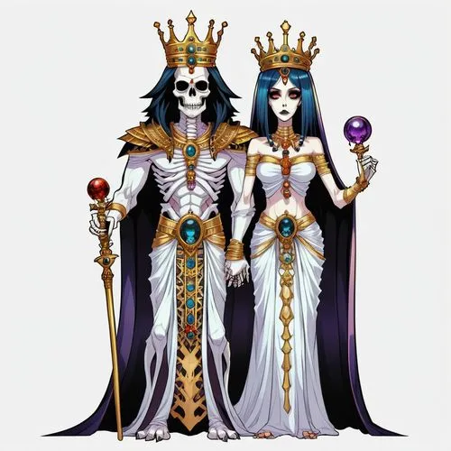 2d front sprite of a gothic colored spooky evil anime mummy goddess king and queen monster, transparent background,two skeletons and a queen dressed up in white clothes,priestesses,sorceresses,empress