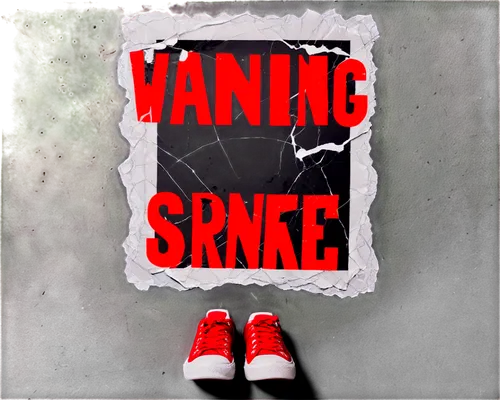 Warning sign, bold font, red background, cracked mirror, broken syringe, scattered pills, crumpled up paper, worn-out sneakers, lonely urban alleyway, dark tone, high contrast, close-up shot, shallow 