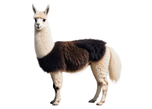 Llama, black and white fur, standing upright, front legs bent, long neck, soft eyes, fluffy ears, woolly coat, natural texture, South American Andes mountain range, morning mist, warm sunlight, 3/4 co