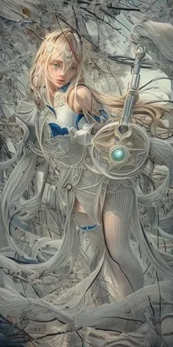 anime girl wearing armor standing near tree nches,the sea maid,janna,undine,mermaid background,drakengard,urd,Common,Common,Film