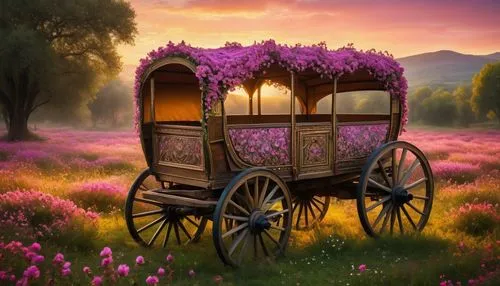 flower cart,flower car,wooden carriage,carriage,covered wagon,purple landscape,Photography,General,Fantasy