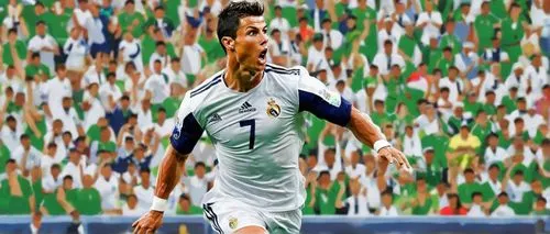 Cristiano Ronaldo, soccer player, athletic build, muscular legs, strong chest, determined facial expression, short spiky hair, piercing eyes, sweaty skin, jersey number 7, white sleeves, dark blue sho