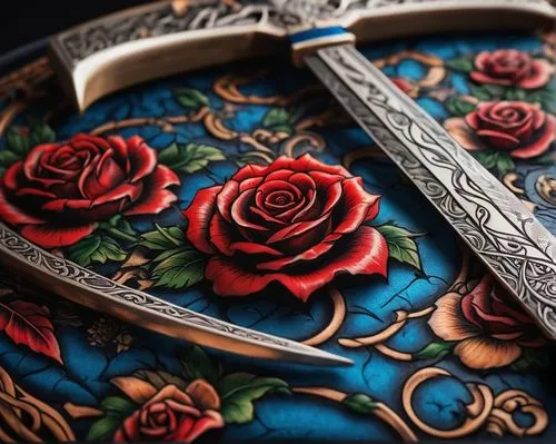 Traditional American scythe tattoo, bold lines, vibrant colors, red and blue hues, detailed blades, intricate engravings, floral patterns, skulls, snakes, roses, leaves, banners with script fonts, orn