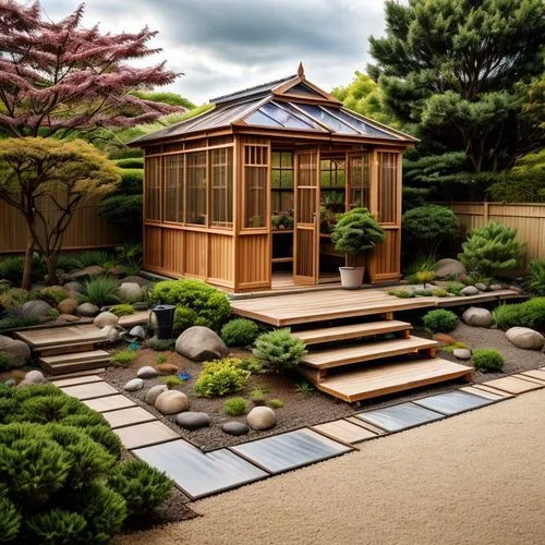 Modern zen greenhouse with wood and workshop 
 gazebo for crafts,japanese zen garden,zen garden,japan garden,japanese garden ornament,japanese garden,japanese architecture,sake gardens,japanese shrine