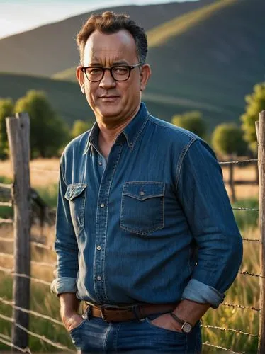 Middle-aged man, Tom Hanks style, casual dude, relaxed facial expression, slight smile, messy brown hair, glasses, denim shirt, blue jeans, sneakers, hands in pockets, leaning against a wooden fence, 