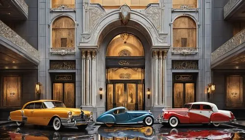 Art Deco building, 1920s architecture, luxurious, grandiose, ornate details, geometric patterns, metallic materials, bronze doors, large windows, curved lines, symmetrical facade, marble floors, high 