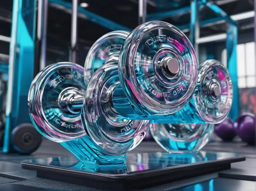 Describe a futuristic gym where gravity-defying dumbbells are used for training.,weightlifting machine,pair of dumbbells,exercise equipment,workout equipment,gyroscope,dumbbell,weight plates,dumbbells