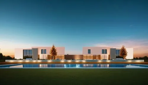 glass bricks concrete  garden trees pool wood park landscape sunlight blue sky night view Spotlights night view summer manoir villa ,modern house with pool and glowing landscape in foreground,masseria