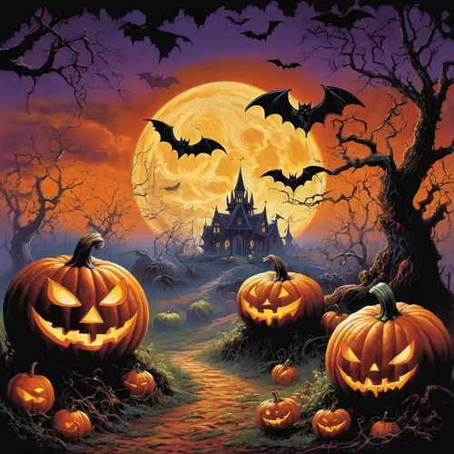 Create a spooky Halloween clip art with pumpkins and bats,halloween poster,halloween background,halloween wallpaper,halloween illustration,jack-o'-lanterns,halloween scene,halloween and horror,hallowe