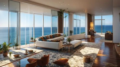 Interior view of Living Room, indian theme design elements, full height glazing having sea views outside,penthouses,oceanfront,oceanview,ocean view,luxury home interior,modern living room,waterview,se