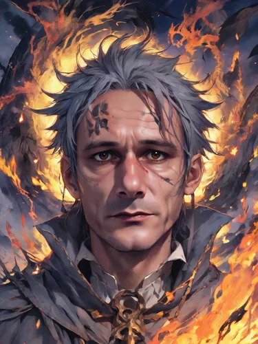 2d,angry man,burning hair,witcher,fire master,alibaba,burning earth,fire background,pillar of fire,burning,fire devil,flame spirit,fantasy portrait,killua,father,the face of god,sensei,shimada,flame of fire,umiuchiwa,Digital Art,Anime