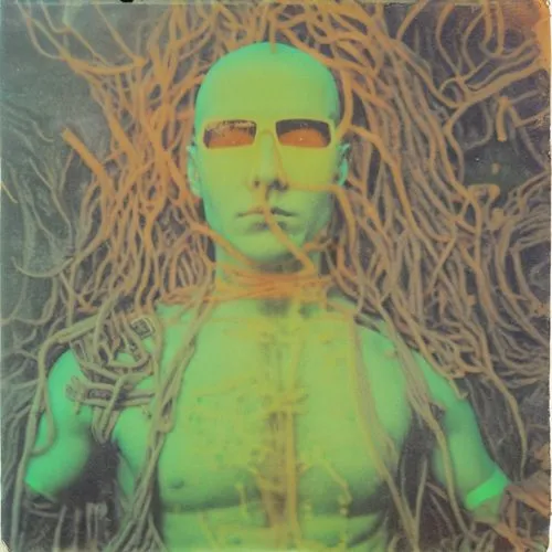 cyberpunk, vaporwave, syfy, 1990, colours orange, yellow, green,a man with green skin and sunglasses stands in front of tangled wires,satriani,recondite,corgan,phymatrix,vecna,leftfield,Photography,Do