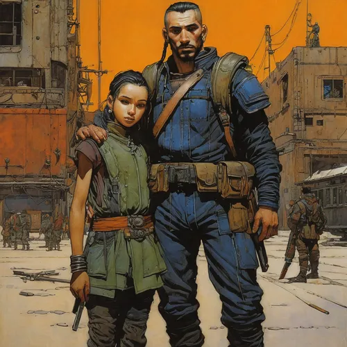 father and daughter,children of war,father with child,nomad,cyberpunk,pathfinders,young couple,protectors,cargo,little boy and girl,nomads,father daughter,sci fiction illustration,dystopian,orientalism,mercenary,storm troops,boy and girl,monks,rustico,Illustration,Realistic Fantasy,Realistic Fantasy 06