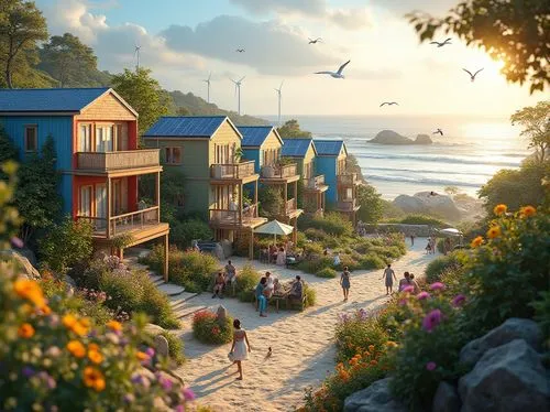 seaside resort,carmel by the sea,beach huts,seahaven,floating huts,harborfront,beach resort,seaside view,seaside country,residensea,beachfront,shorefront,oceanfront,capitola,boardinghouses,houseboats,summerland,house by the water,ecovillage,wooden houses,Photography,General,Realistic