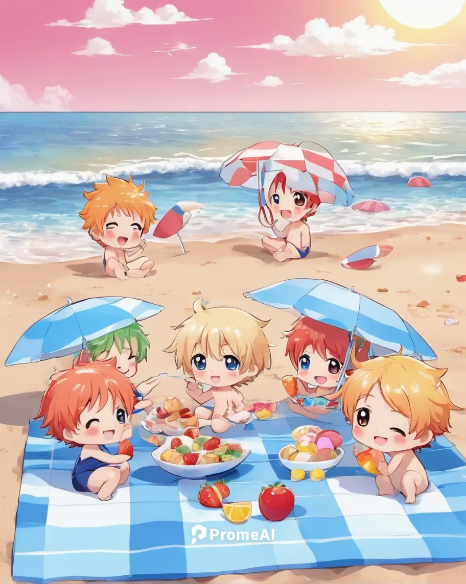 Describe a heartwarming moment between Ichigo and his friends as they enjoy a peaceful day at the beach.,kawaii people swimming,picnic,summer party,family picnic,summer bbq,playmat,summer icons,summer